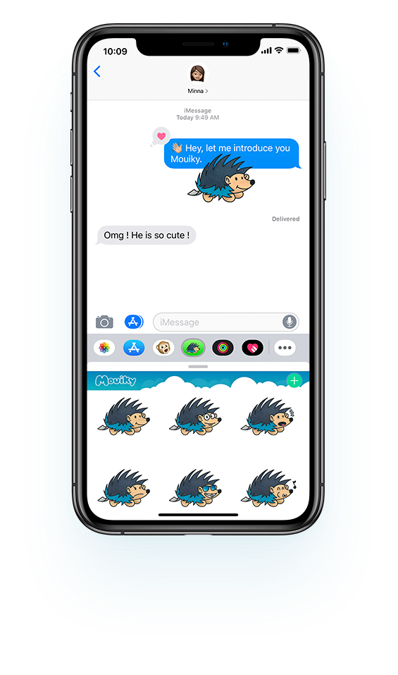 mouiky sticky app stickers are displaying in this iMessage screenshot from iPhone. The hedgehog is smiling on top