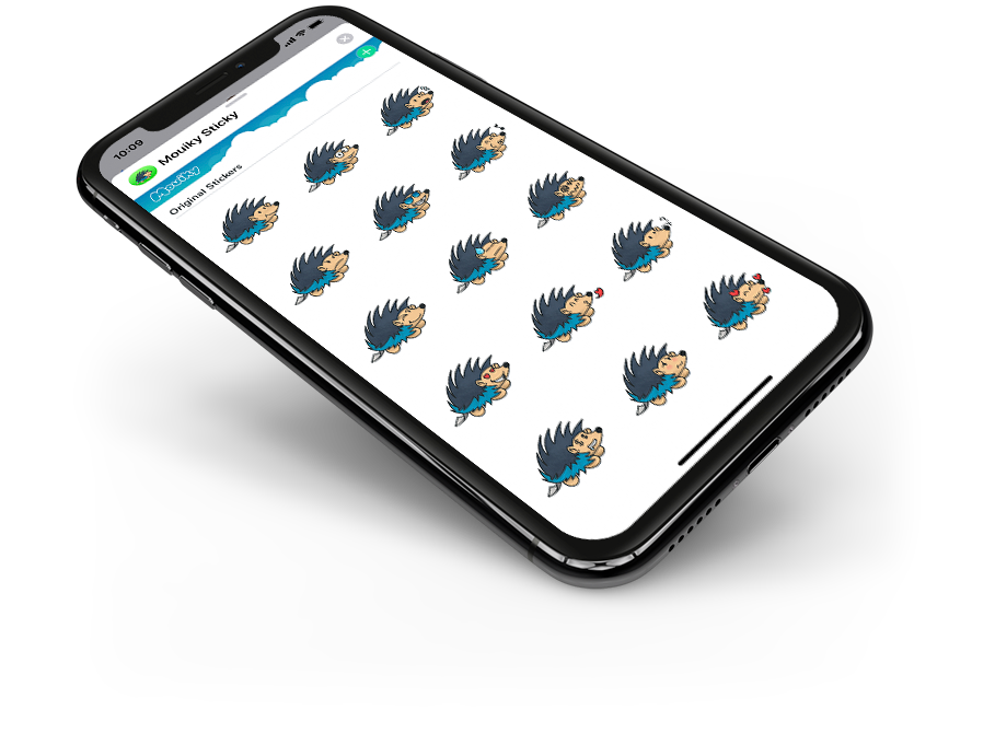 mouiky sticky app hedgehog stickers are displayed in this iMessage screenshot from iPhone in 3/4 view